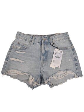 NWT Zara Light Wash  Jean Shorts High Rise Distressed Button Fly Size 2